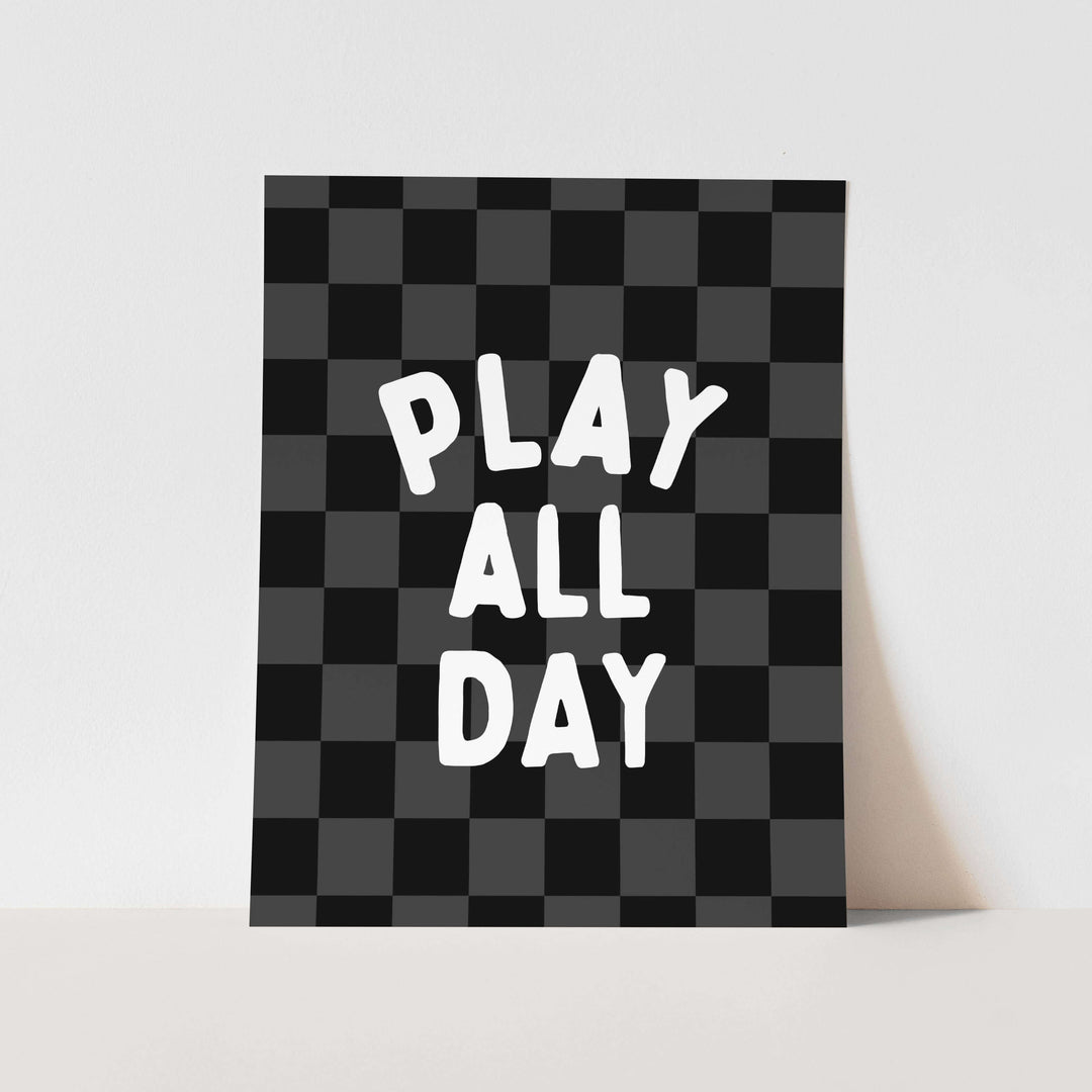 {Grey + Black Check} Play All Day Art Print