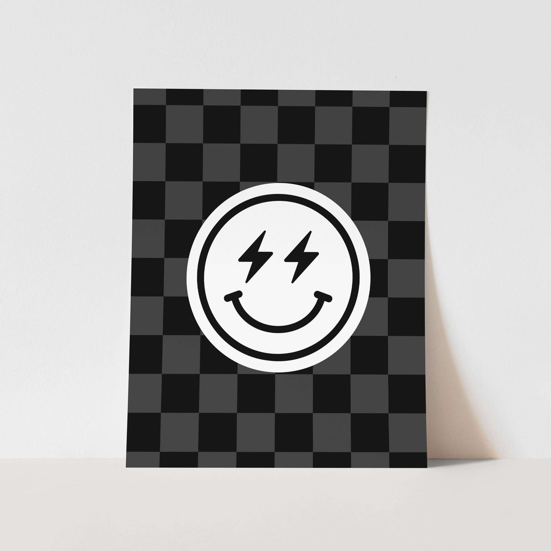 {Grey + Black Check} Smiley Face Art Print