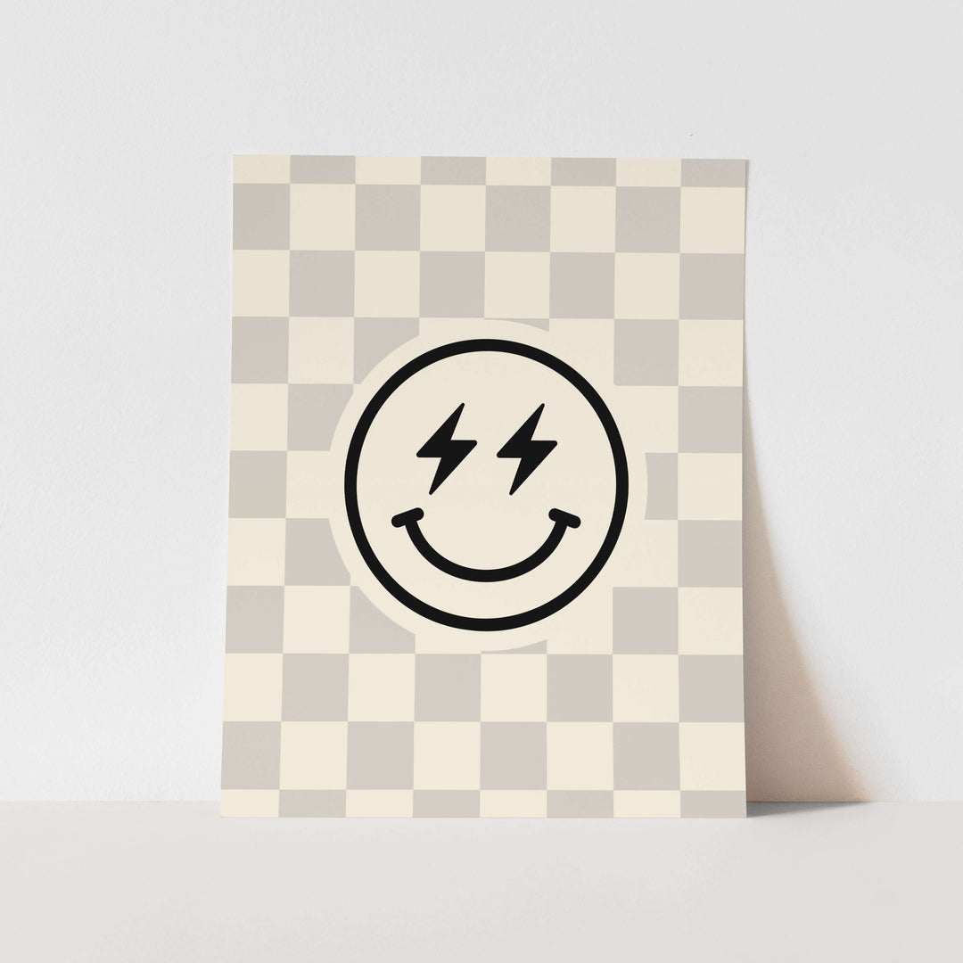 {Light Grey & Natural Check} Smiley Face Art Print