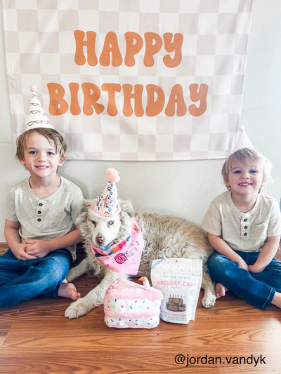 {Gold & Beige Check} Happy Birthday Banner