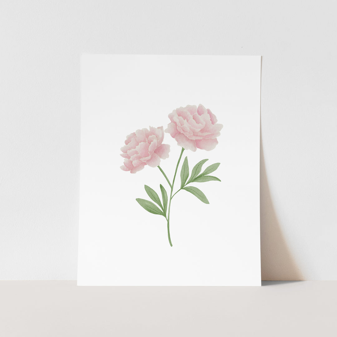 A white paper with a simple illustration of two pink peonies with green leaves.