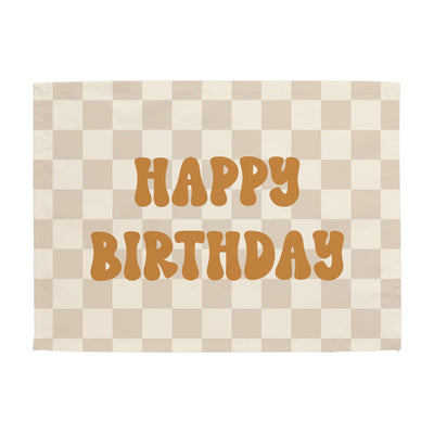 {Gold & Beige Check} Happy Birthday Banner