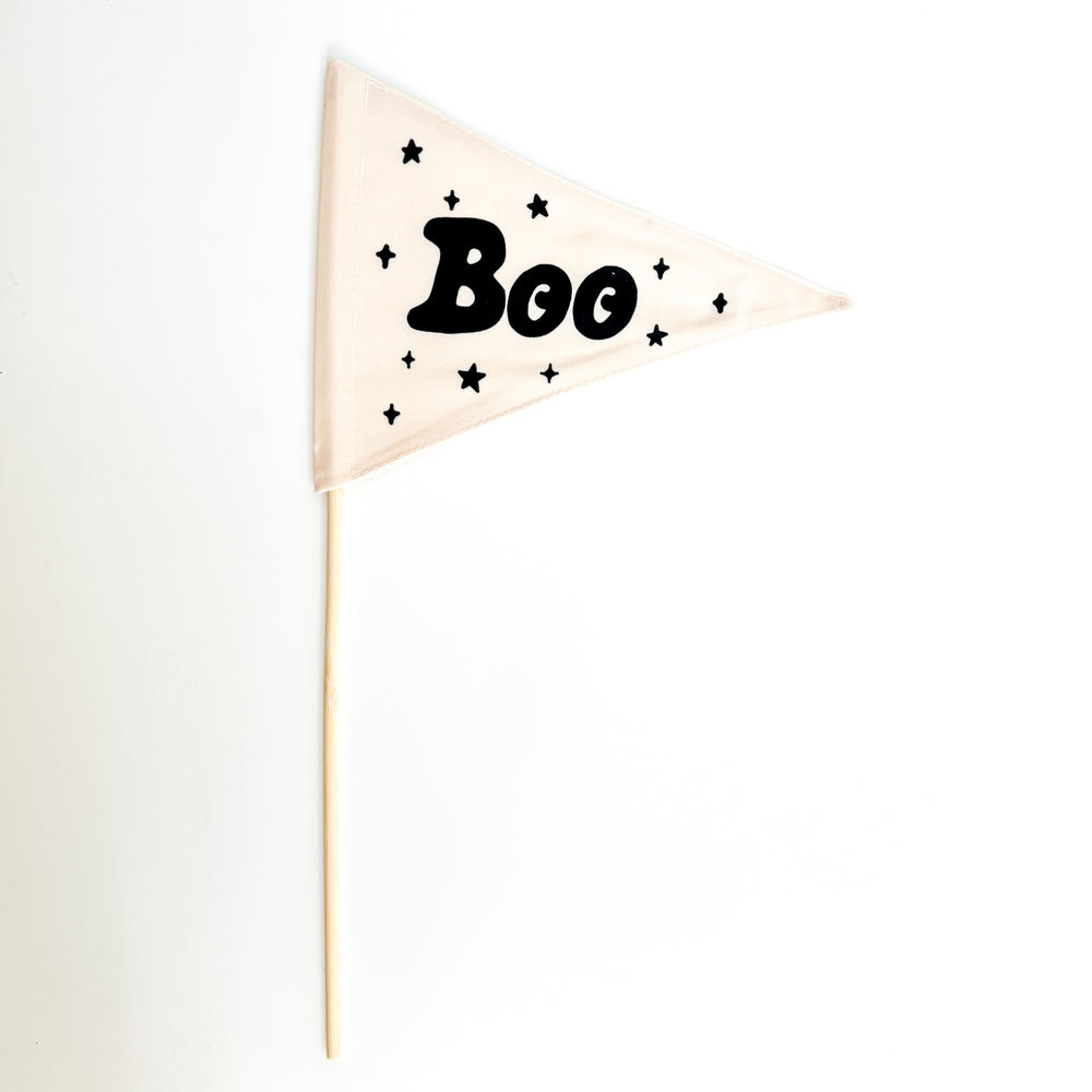 Triangle-shaped flag with 'Boo' text on a white background