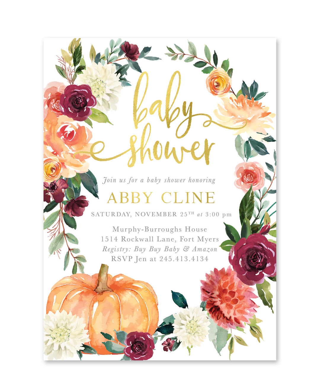 Baby shower invitation with floral design and pumpkin, featuring text for Abby Cline.