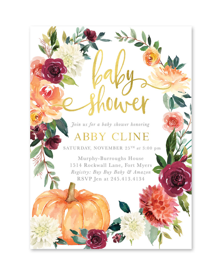 Baby shower invitation with floral design and pumpkin, featuring text for Abby Cline.