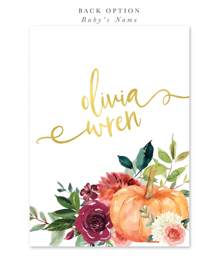 Personalized baby name card with pumpkins and flowers on a white background