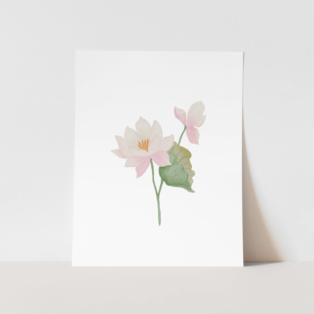 A watercolor painting of two pink flowers with green leaves, set against a white background.